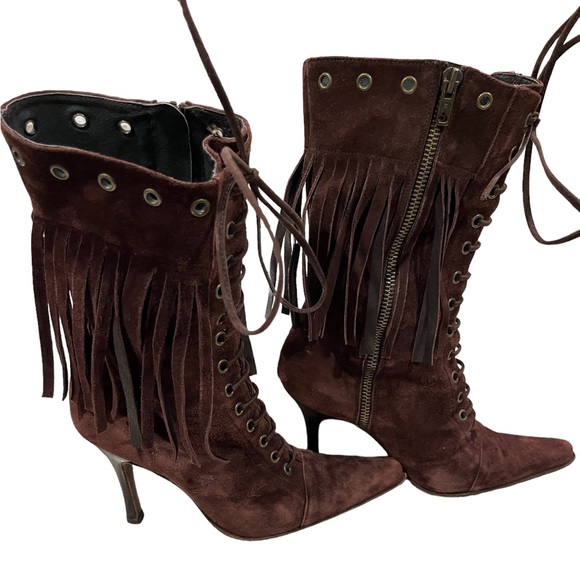 BEBE Suede Heeled Fringe Boots, size 7.5 - Picture 3 of 16